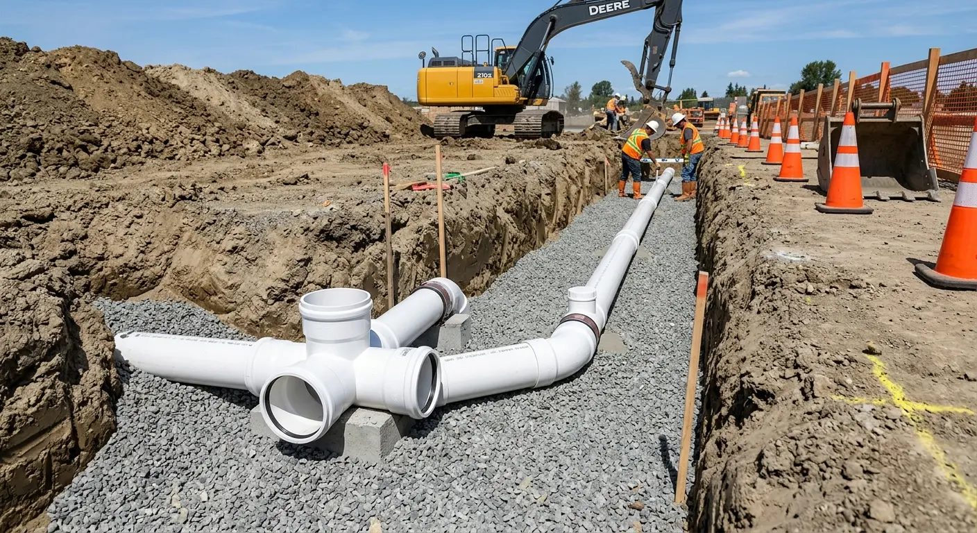 New PVC sewer pipe installation in open trench for Sewer Backup in Citrus Hills