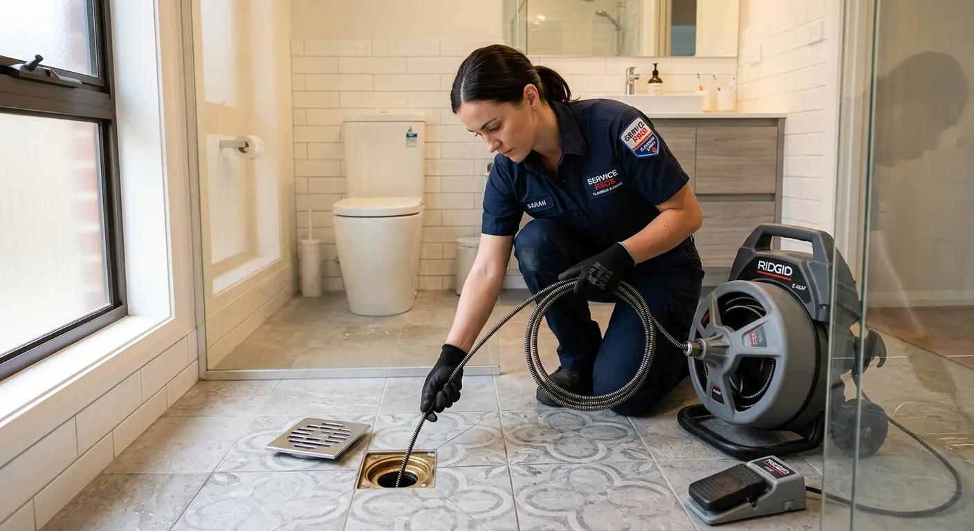 Technician clearing a bathroom floor drain for Drain Repair in Citrus Hills